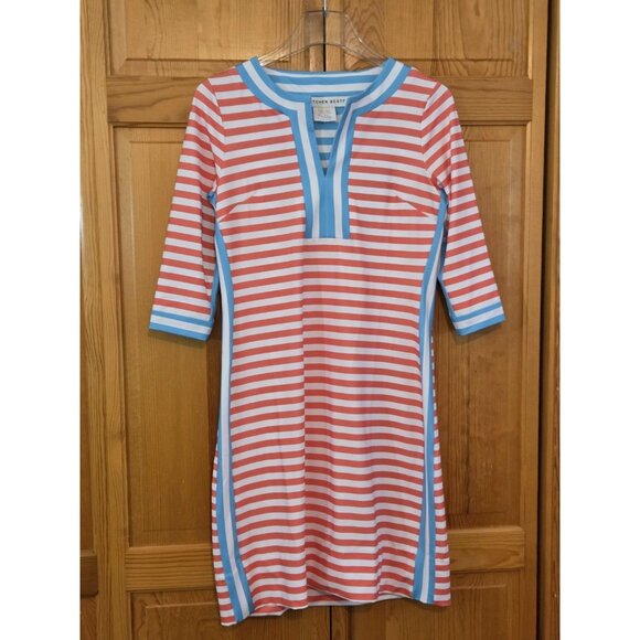 Gretchen Scott Dress Small Hinckley Jersey Blue Coral Split Neck Preppy